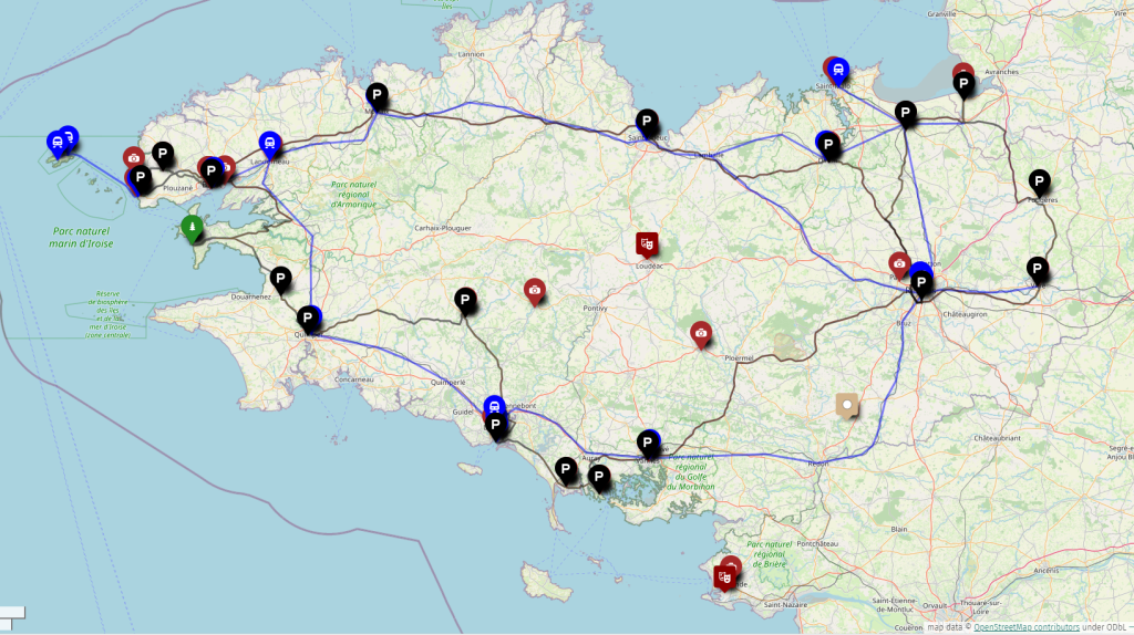 Plan de la Bretagne, avec des itinéraires tracés et des points d’intérêt placés.